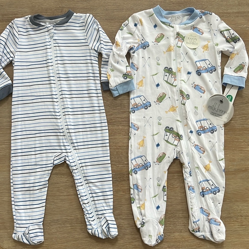 Milkberry set of 2 Baby Boy Bamboo Footie Sleepers 0-3 months Golf